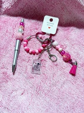 Pink Beaded Keychain with Tassel & Charm